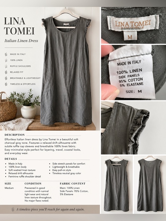 Lina Tomei Dresses & Skirts - Lina Tomei Italian Linen Dress SZ M Gray Sleeveless Ruffle Shoulder Shift Dress